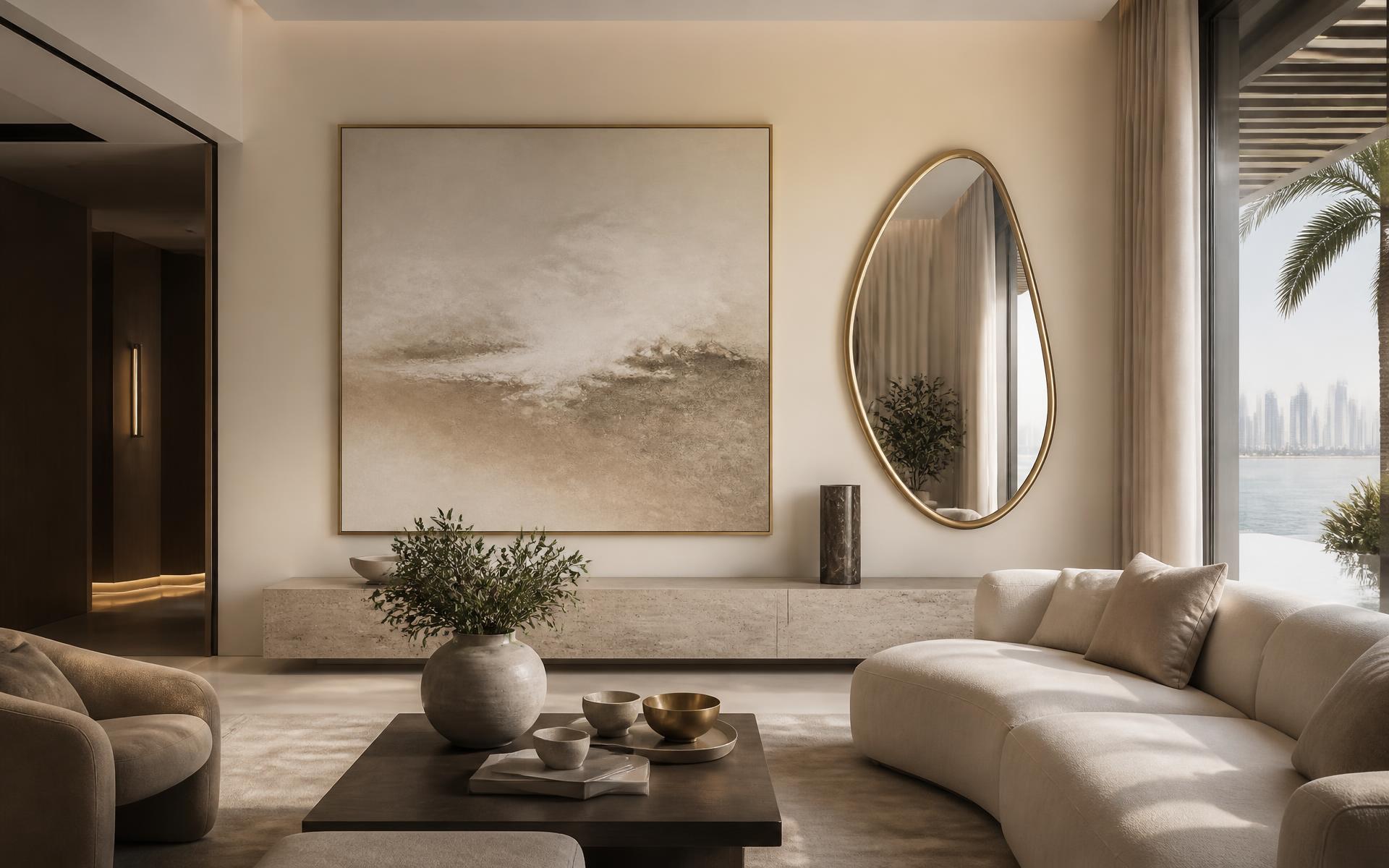 Modern UAE living room styled with large wall art and a brushed gold mirror