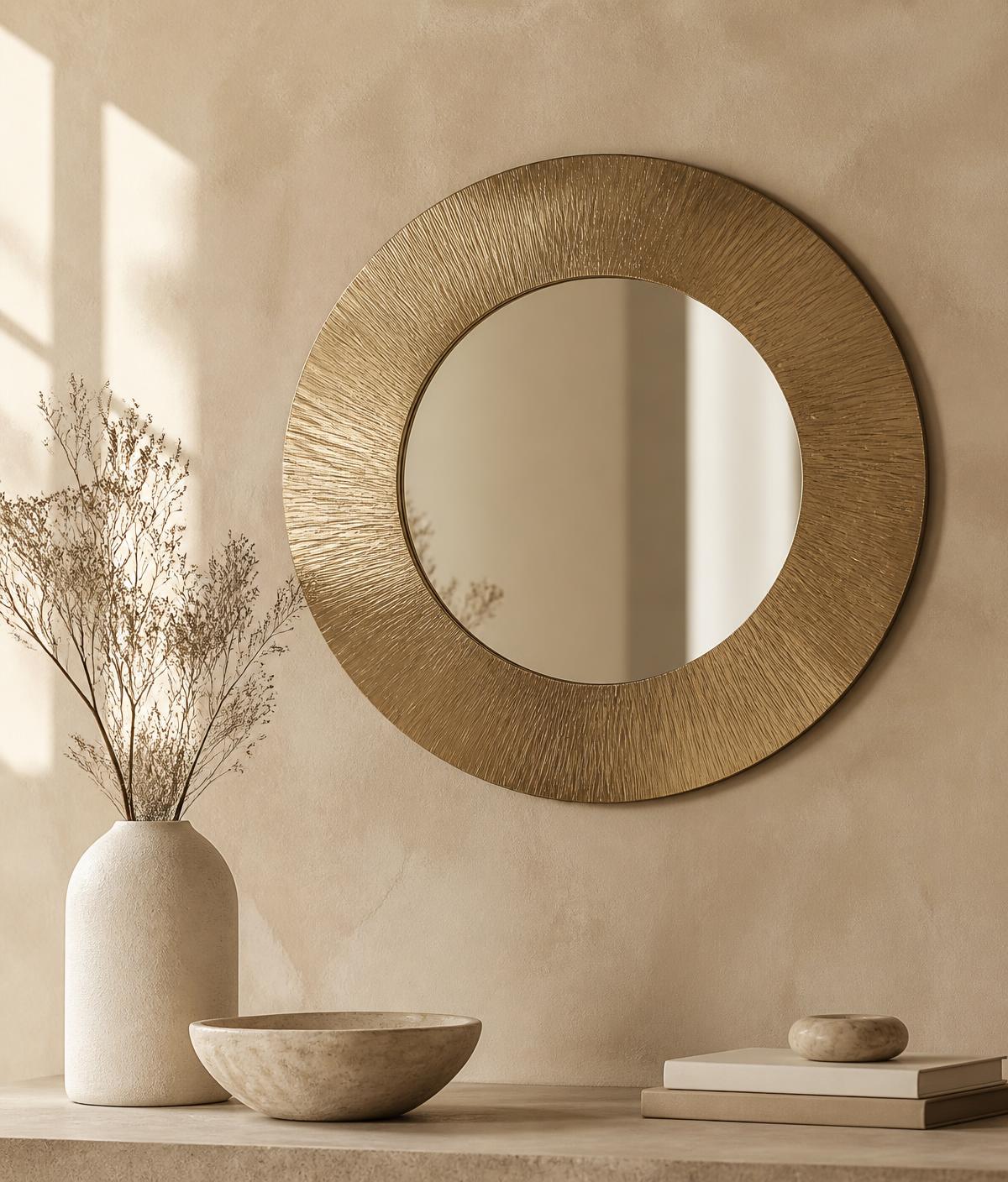 Brushed gold round mirror on a warm plaster wall with minimal ceramics